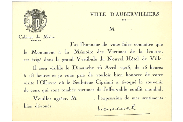 1M 1077 - Invitation à l'inauguration du monument aux morts 1914Aubervilliers à ses enfants1918